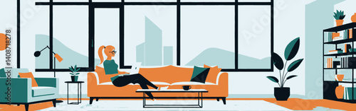 Woman-working-on-laptop-on-orange-couch-in-modern-living-room-with-large-window-view-bookshelf-and-teal-armchair-minimalist-style