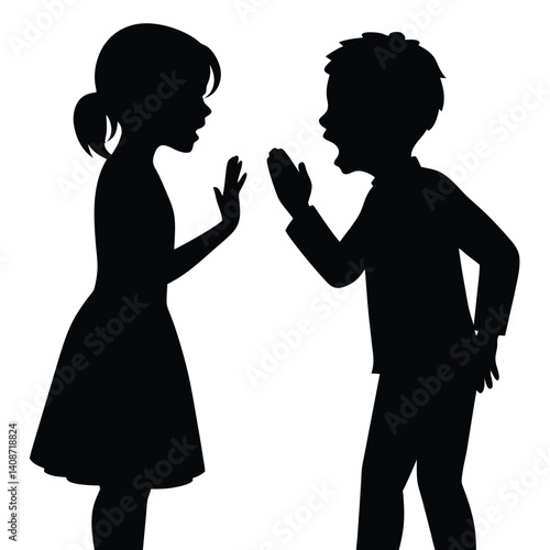 Silhouette of Arguing Children with Hands Up on White Background