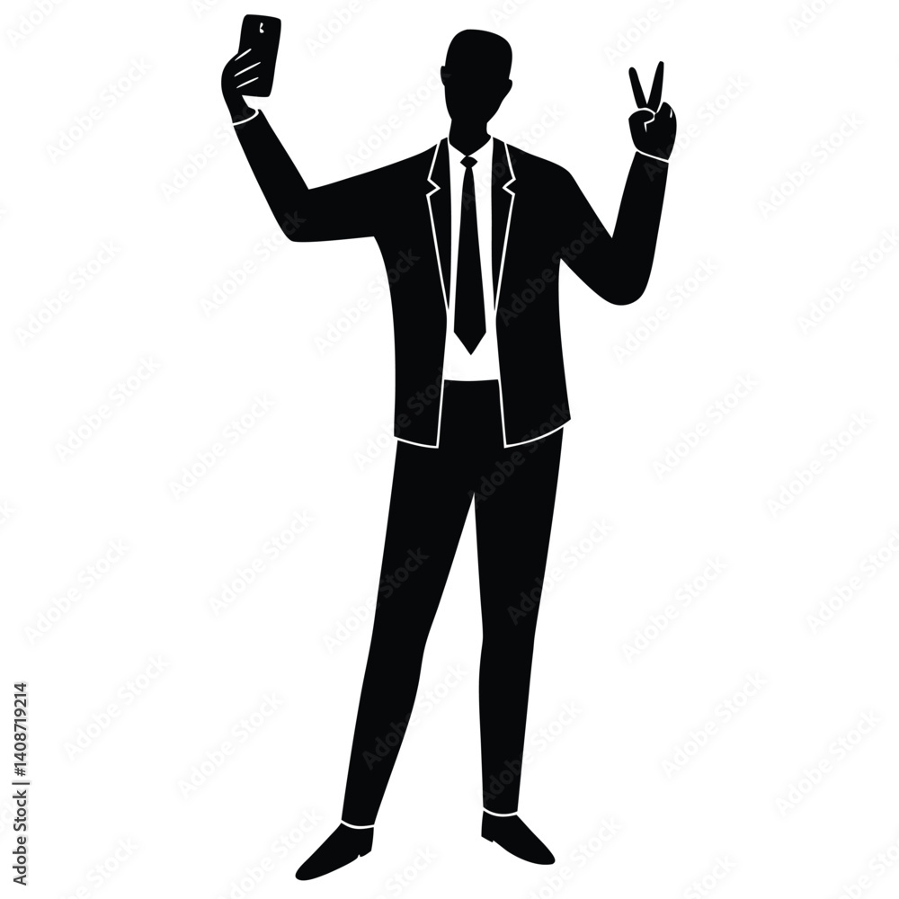 Silhouette of Businessman Taking Selfie with Peace Sign on Transparent Background Silhouette of Businessman Taking Selfie with Peace Sign on Transparent Background