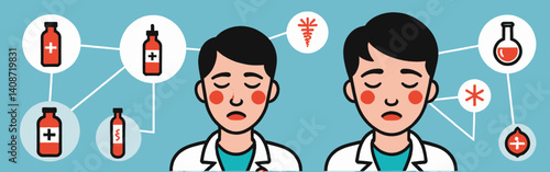 Two-doctors-illustration_with_medical-symbols_connected-by_lines_on_a_light-blue_background_bottle-illustrations_flask_and_red-cross-symbol