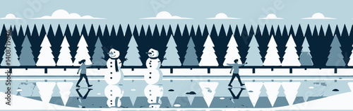 Winter_scene-snowmen-people-ice-skating-frozen_lake-trees-clouds-in_a_stylized-flat-illustration-reflected_in_the_ice-wearing_red-coats