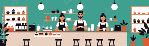 A-flat-design-coffee-shop-with-two-baristas-and-one-male-employee-behind-the-counter-with-stools-plants-and-coffee-equipment