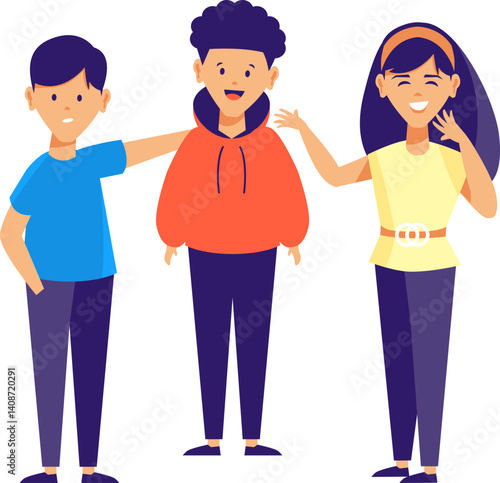 Three diverse cartoon teenagers standing together happily.