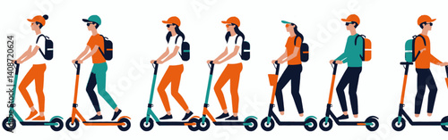 Seven-people-on-scooters-with-backpacks-and-hats-in-various-colors-of-clothing-and-hair-all-facing-left-with-sunglasses