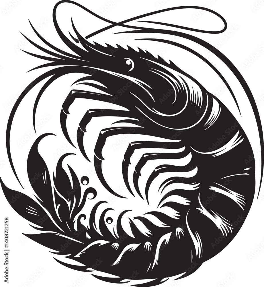 Fototapeta premium Prawn Silhouette Black Vector High Quality Vector Image. The white background