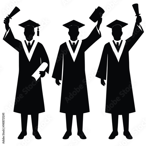 Silhouetted Graduates Holding Diplomas & Wearing Caps & Gowns on Transparent Background