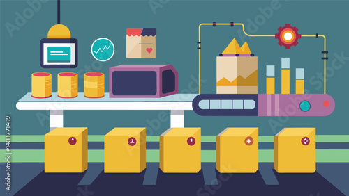 A packaging facility has implemented a realtime monitoring system for their conveyor belts detecting unusual vibrations or wear and tear to predict and prevent potential. Vector illustration