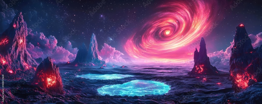 Fototapeta premium Landscape of alien planet inside a universe and fiction cosmos concept. A stunning cosmic scene with swirling galaxies and glowing landscapes.