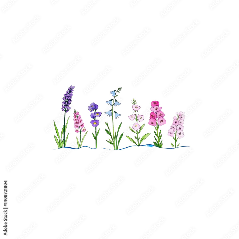 Obraz premium Varied purple and pink floral flowers grow upright with green stems, delicate and fresh