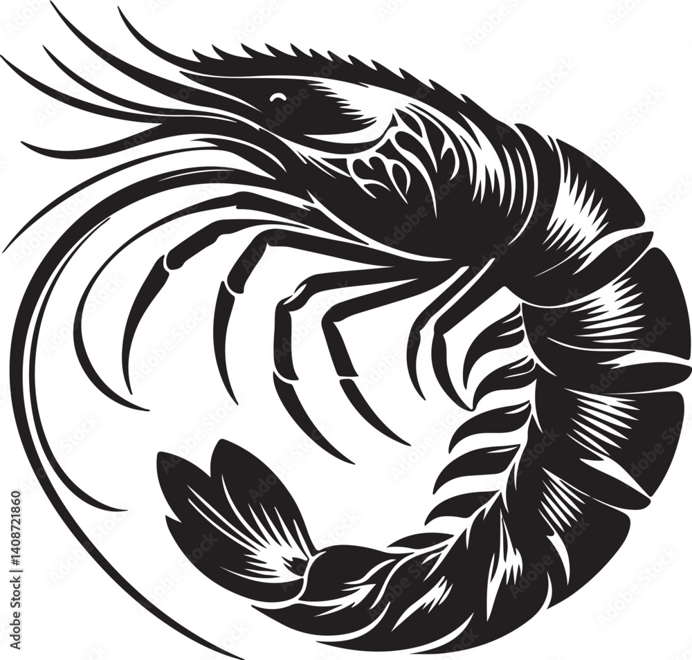 Obraz premium Prawn Silhouette Black Vector High Quality Vector Image. The white background