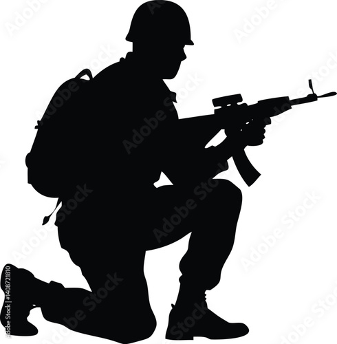 Soldier Silhouette Kneeling, Aiming Rifle, Backpack, Wearing Helmet on Transparent