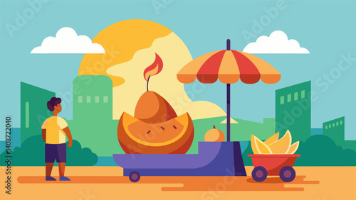 Amidst the sweltering heat of a summer day a cool and refreshing coxinha from a street vendor provides a welcomed reprieve for overheated locals.. Vector illustration