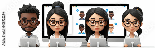 Cartoon-styled-diverse-people-wearing-glasses-in-lab-coats-using-laptops-with-a-computer-screen-showing-social-media-profiles-in-the-background