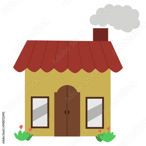 Cute cartoon house with red roof and chimney smoke