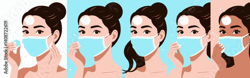 Illustrated-woman-in-facial-mask-shows-different-complexions-applying-white-cream-on-forehead-with-bun-hair-style-against-varied-color-backgrounds