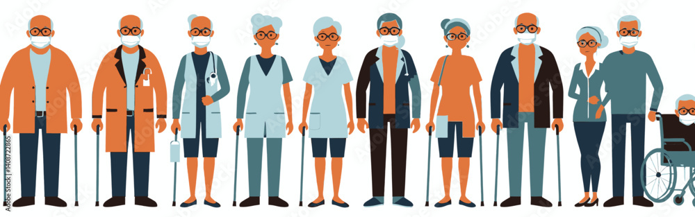 a_diverse_group_of_senior_citizens_some_with_medical_professionals_wearing_masks_and_eyeglasses_standing_in_a_row_on_a_white_background-one_is_in_a_wheelchair a_diverse_group_of_senior_citizens_some_with_medical_professionals_wearing_masks_and_eyeglasses_standing_in_a_row_on_a_white_background-one_is_in_a_wheelchair