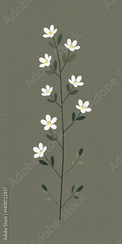 Minimalist Botanical Illustration – White Flowers on Olive Green Background