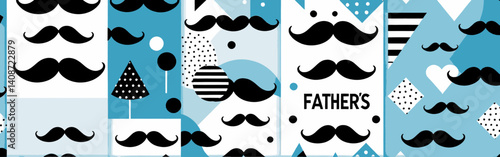 featuring various geometric patterns and symbols-including whiskers, dots, stripes, blue and white palette with words indicating the Festive celebration