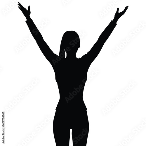 Woman Silhouette Standing With Arms Raised Up Against Transparent Background