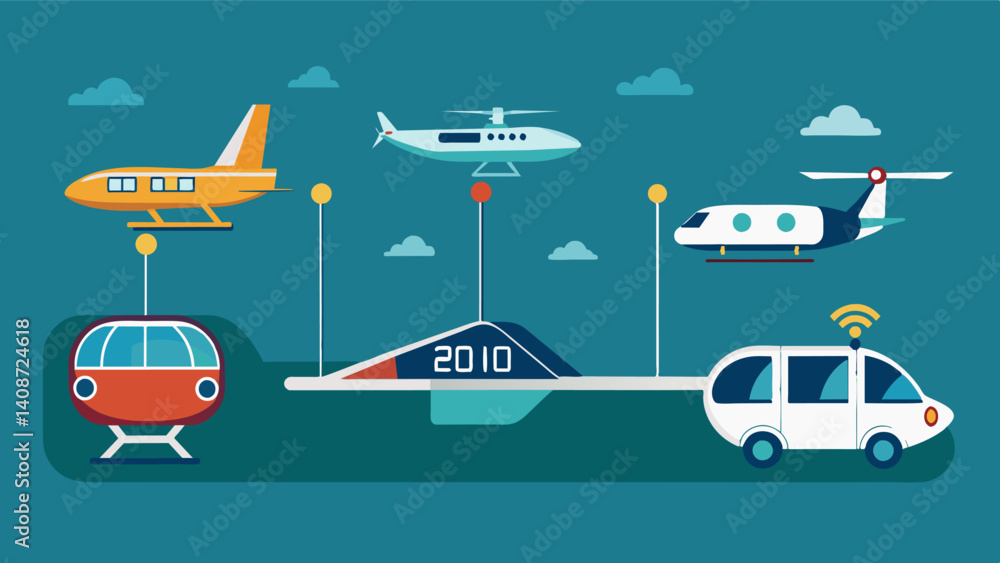 A timeline showcasing the evolution of air taxi technology from early prototypes to the sleek and advanced models of the future.. Vector illustration A timeline showcasing the evolution of air taxi technology from early prototypes to the sleek and advanced models of the future.. Vector illustration