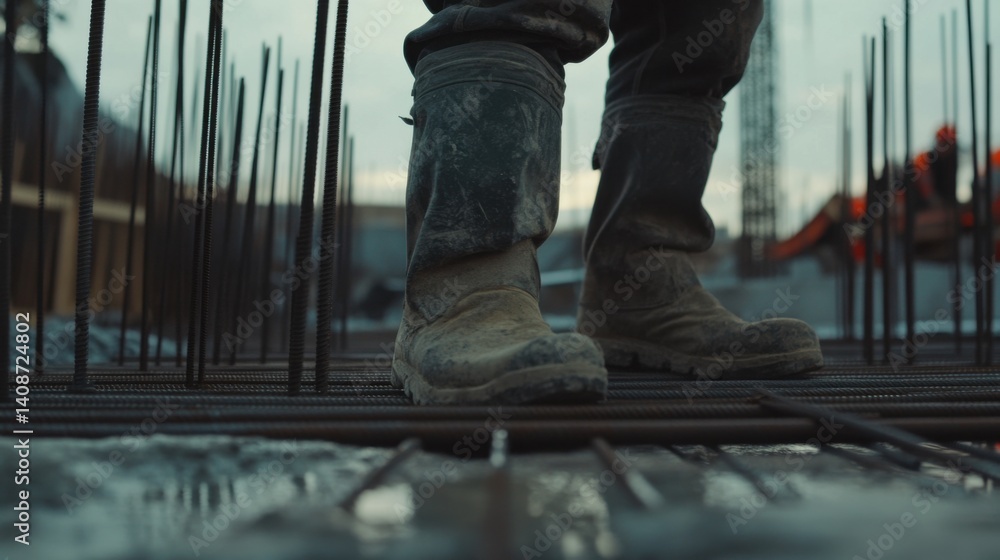 Fototapeta premium A construction worker cutting metal rods with a cutter. Featuring precision and skill