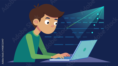 A curious boy peers closely at the screen of his laptop typing in lines of code to make his LED lights flash in different patterns.. Vector illustration