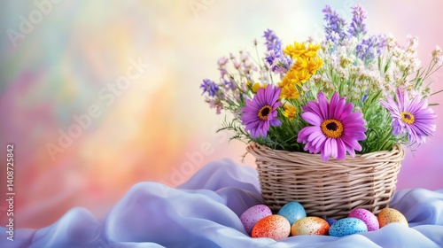 Wallpaper Mural A bright and cheerful Easter basket filled with colorful eggs, surrounded by vibrant flowers, resting on a soft pastel fabric with plenty of space for creative holiday copy Torontodigital.ca