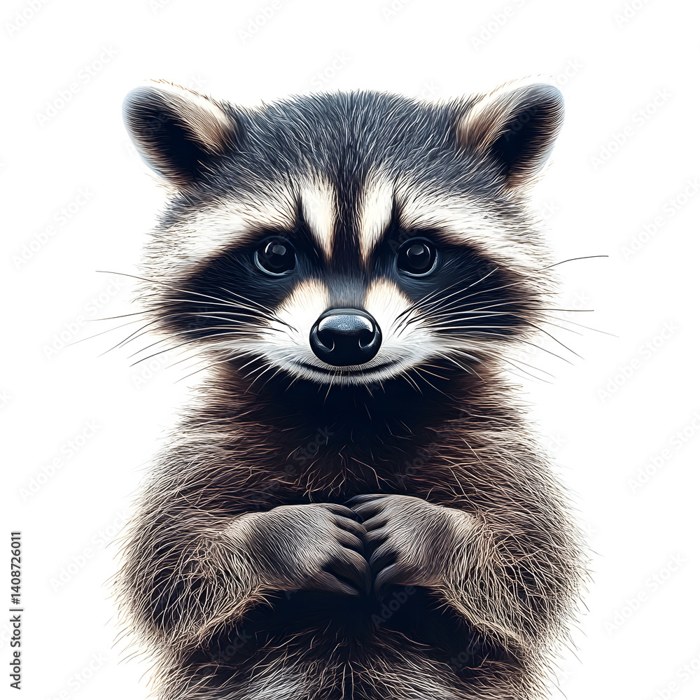 Obraz premium A cartoon raccoon with a mischievous face, isolated on a white background
