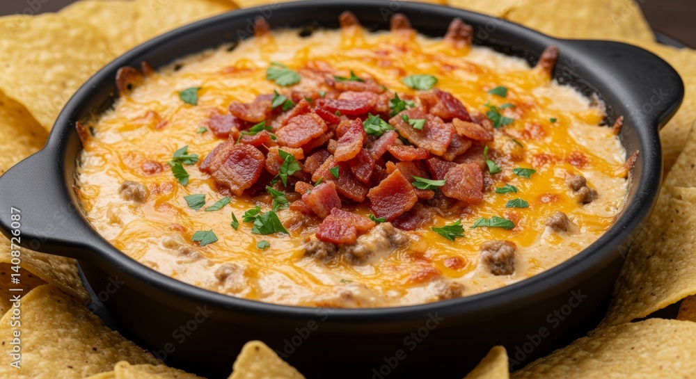 Delectable cheesy bacon dip with ground beef in a black ceramic bowl served with tortilla chips Delectable cheesy bacon dip with ground beef in a black ceramic bowl served with tortilla chips