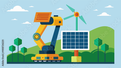 Powered by renewable energy sources such as solar panels or wind turbines the robotic picker is environmentally friendly and reduces the carbon footprint of farming.. Vector illustration