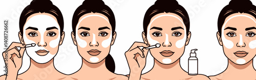 Cartoon-of-women-applying-a-facial-mask-with-dark-hair-and-skin-tone-the-illustration-shows-beauty-routine-steps-with-cosmetics