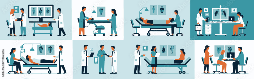 Eight-panels_show_patients_and_medical_staff_doctors_and_nurses_perform_exams_and_discuss_x-rays_in_medical_settings_depicted_in_flat_illustration Eight-panels_show_patients_and_medical_staff_doctors_and_nurses_perform_exams_and_discuss_x-rays_in_medical_settings_depicted_in_flat_illustration