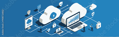 Cloud-computing_concept_isometric_style_with_cloud_servers_laptops_and_security_icons_connected_by_white_lines_on_a_blue_background