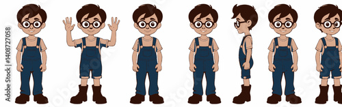 acartoon-character-of-aboy-with-brown-hair-and-wearing-glasses-Hes-wearing-ablue-overall-and-brown-boots-The-boy-is-shown-in-multiple-poses