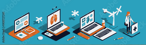 Isometric-medical-themed-artwork-showing-laptops-with-health-symbols-a-doctor-and-various-medical-objects-on-a-blue-background