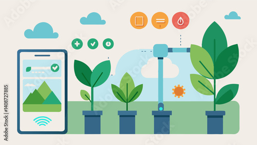 Smart timers integrated with the irrigation system calculate the optimal watering schedule for each plant based on its specific needs.. Vector illustration