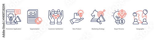 Market Segmentation icon sheet vector promotion application, segmentation, customer satisfaction, new product, marketing strategy, buyer persona, geographic