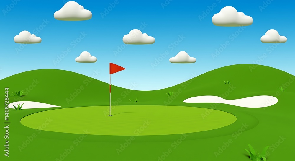 Fototapeta premium Cartoon Golf Course: Green Putting Green under a Sunny Sky