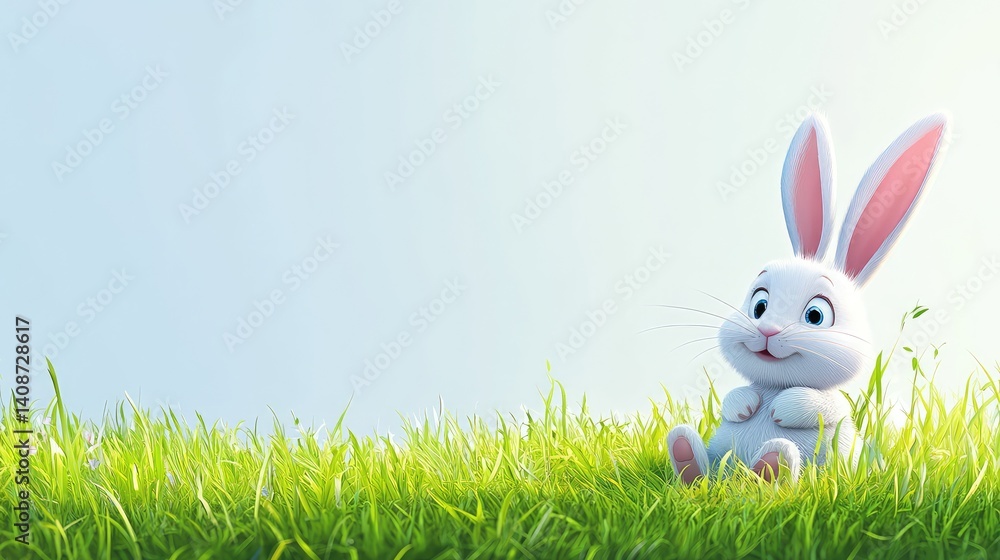 Obraz premium A fluffy Easter bunny sitting on a bed of soft green grass, with a large empty space in the foreground for custom festive text or designs