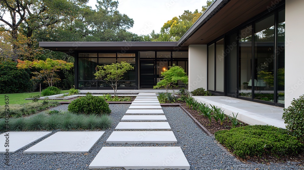 Elegant modern japanese garden with sleek stone paths in a serene landscape Elegant modern japanese garden with sleek stone paths in a serene landscape