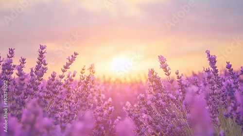 Beautiful lavender field in full bloom under a golden sunset, soft purple hues and open floral landscape with copy space