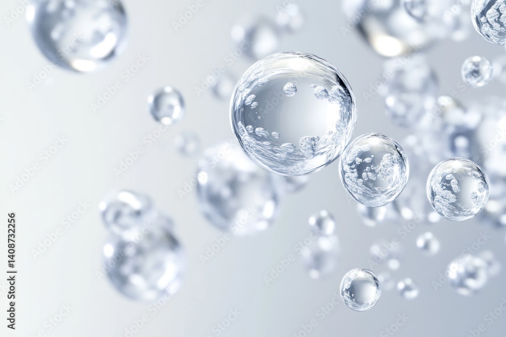 Many clear water bubbles floating against a light gradient background Many clear water bubbles floating against a light gradient background
