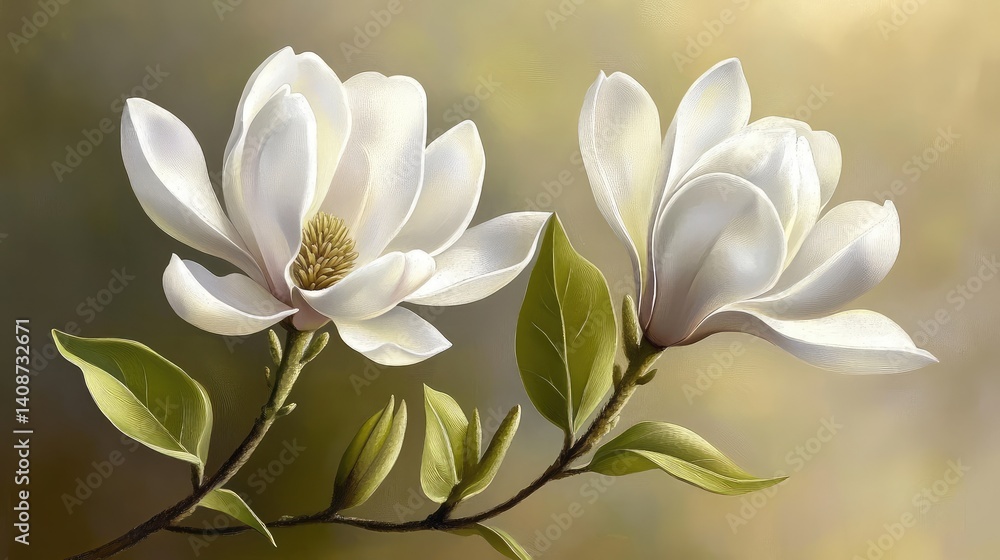 Obraz premium Elegant magnolia blossoms opening under spring sunlight, soft white petals with natural space