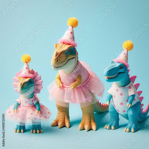 Party-Ready Dinosaurs in Tutus and Polka Dots – Adorable Celebration with Prehistoric Charm