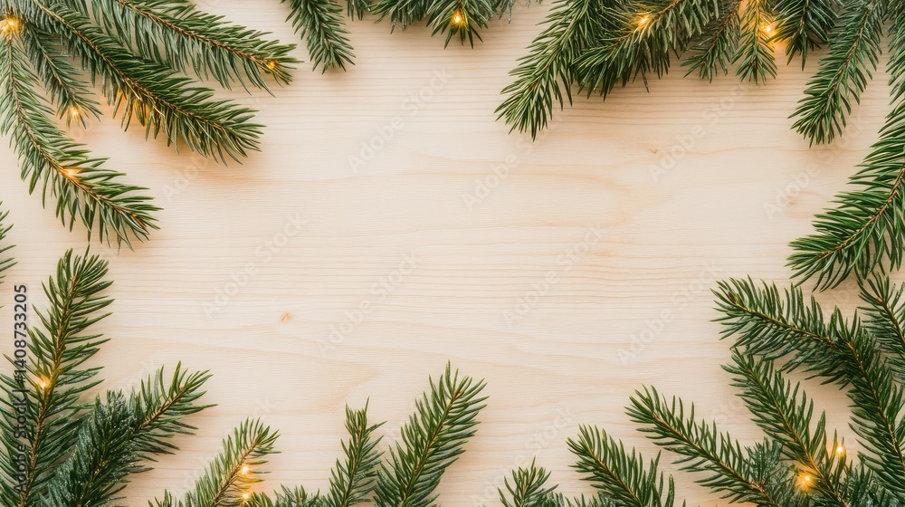 Fir branch border with glowing lights on a soft wooden surface, frame style layout with space Fir branch border with glowing lights on a soft wooden surface, frame style layout with space
