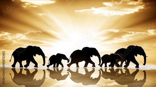 Silhouettes of elephants walking across a tranquil water's edge at sunset.