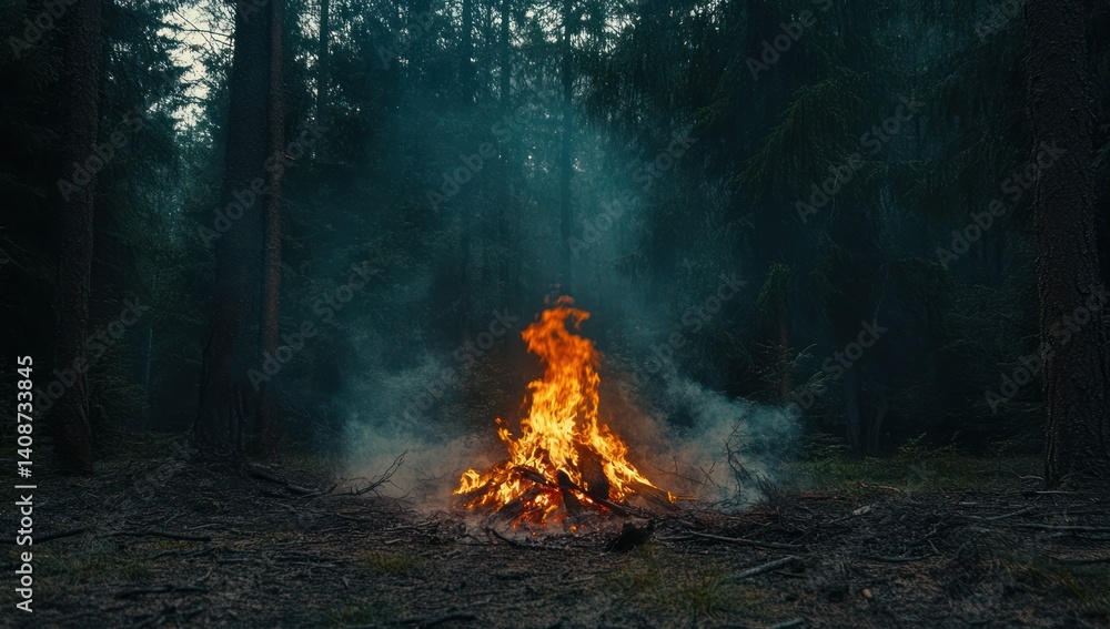 Mystical Forest Fire: A Nighttime Bonfire in the Woods Mystical Forest Fire: A Nighttime Bonfire in the Woods