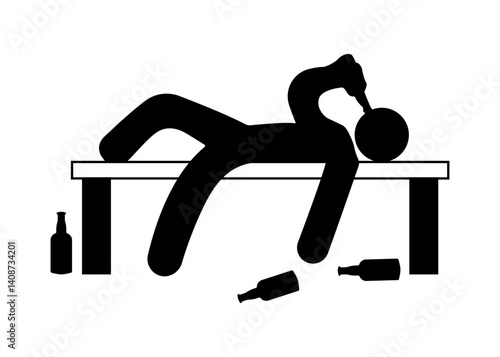 Stick figure stickman icon, human silhouette with alcohol bottle, Character drunk man .alcoholism icon.