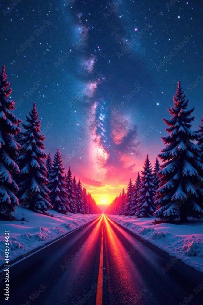 Obraz premium Milky Way shines brightly in the night sky as a road stretches towards a colorful sunrise amidst frosty trees, road, snow