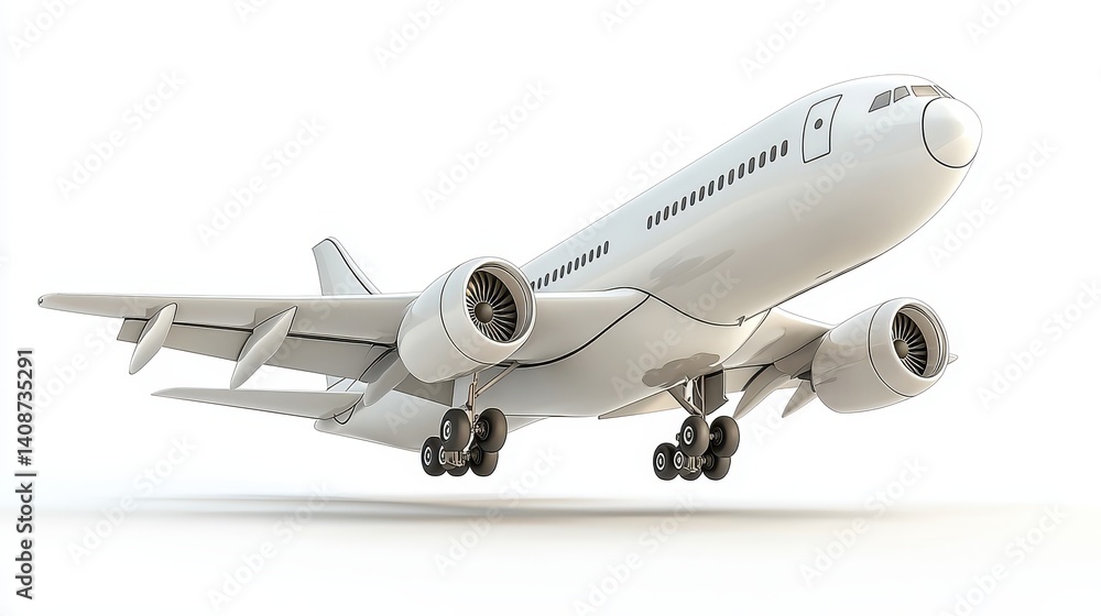 Fototapeta premium White Airplane in Flight Against White Background